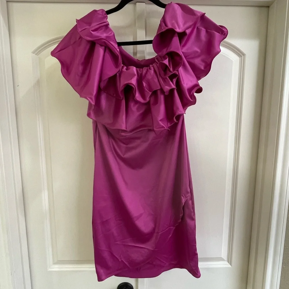 Pink Asymmetrical Neck Ruffle Trim Dress - Picture 2 of 6